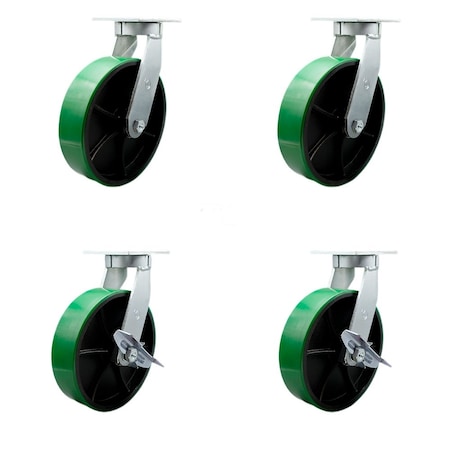 Service Caster 10'' Heavy Duty Green Poly on Cast Iron Wheel Swivel Caster Set with 2 Brakes, 4PK CRAN-SCC-KP92S1030-PUR-GB-2-SLB-2